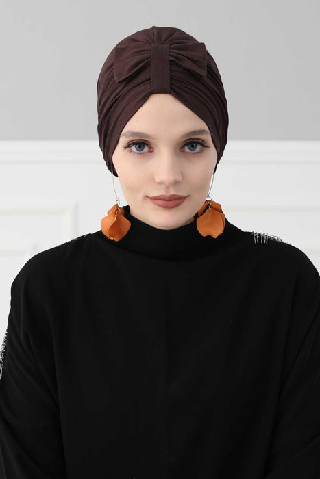 Stylish Bowtie Instant Turban Hijab Bonnet Cap for Women, Easy to Wear Jersey Headwrap with Chic Knot Detail, Modern Modest Fashion,B-7 Brown