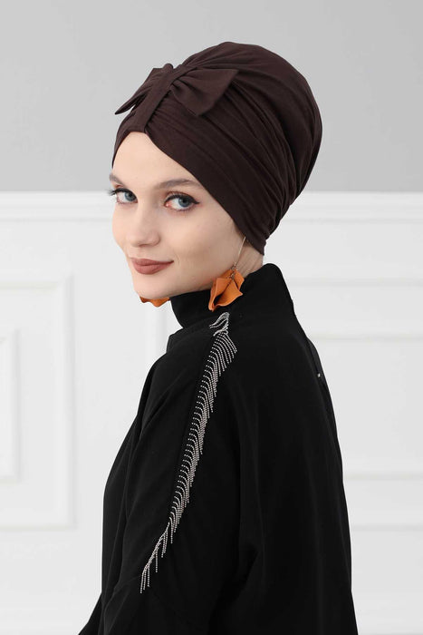 Stylish Bowtie Instant Turban Hijab Bonnet Cap for Women, Easy to Wear Jersey Headwrap with Chic Knot Detail, Modern Modest Fashion,B-7 Brown