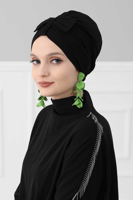 Stylish Bowtie Instant Turban Hijab Bonnet Cap for Women, Easy to Wear Jersey Headwrap with Chic Knot Detail, Modern Modest Fashion,B-7 Black