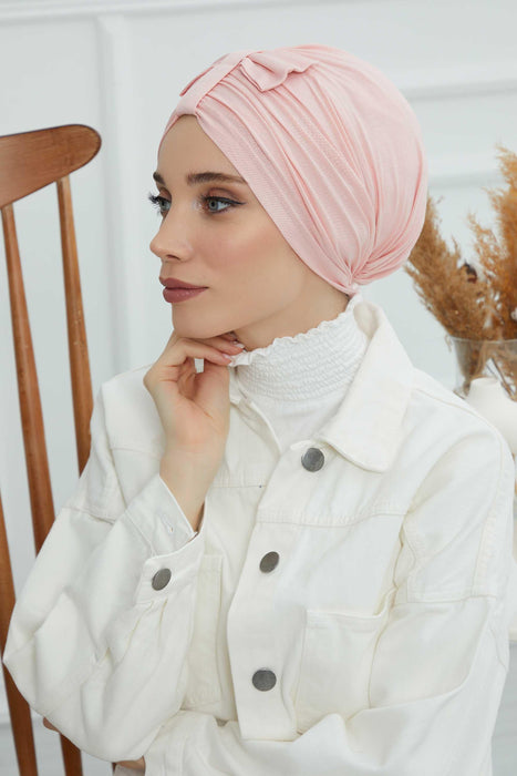Stylish Bowtie Instant Turban Hijab Bonnet Cap for Women, Easy to Wear Jersey Headwrap with Chic Knot Detail, Modern Modest Fashion,B-7 Powder
