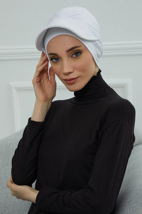 Stylish Visor Cap Instant Turban Hijab for Women, Trendy Visor Cap for Hair Loss Patients, Chemo Visor Cap, Visor Full Head Covering,B-66 White