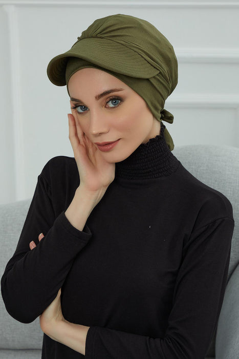 Stylish Visor Cap Instant Turban Hijab for Women, Trendy Visor Cap for Hair Loss Patients, Chemo Visor Cap, Visor Full Head Covering,B-66 Army Green