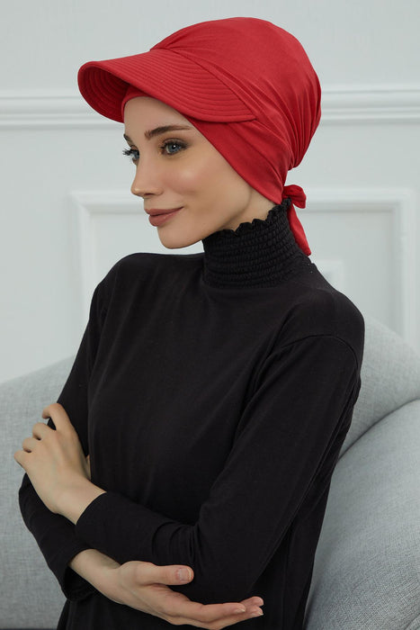 Stylish Visor Cap Instant Turban Hijab for Women, Trendy Visor Cap for Hair Loss Patients, Chemo Visor Cap, Visor Full Head Covering,B-66 Red