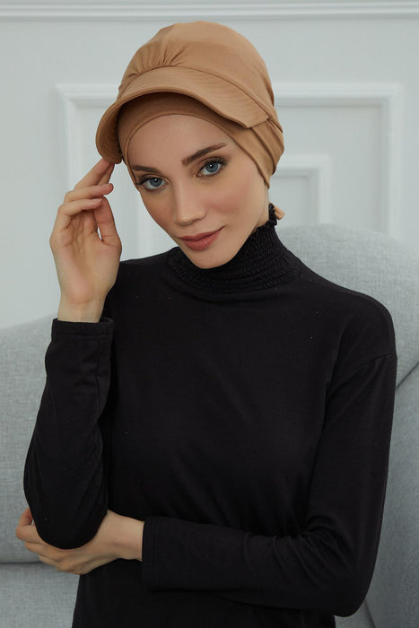 Stylish Visor Cap Instant Turban Hijab for Women, Trendy Visor Cap for Hair Loss Patients, Chemo Visor Cap, Visor Full Head Covering,B-66 Light Brown