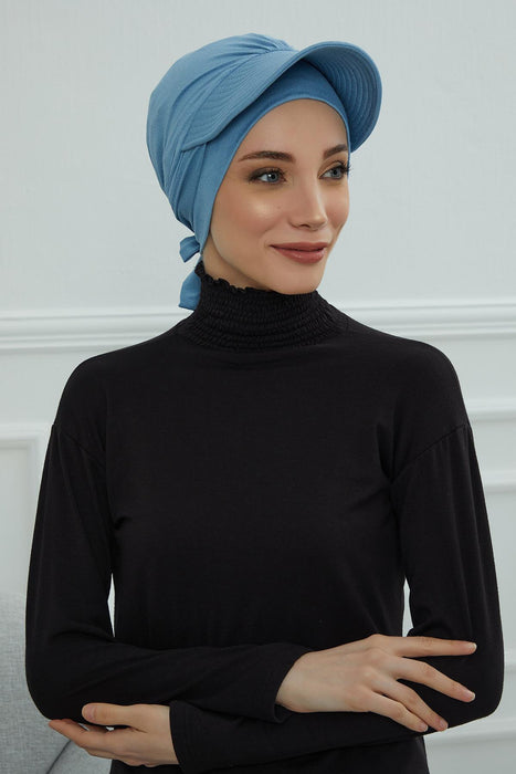 Stylish Visor Cap Instant Turban Hijab for Women, Trendy Visor Cap for Hair Loss Patients, Chemo Visor Cap, Visor Full Head Covering,B-66 Blue