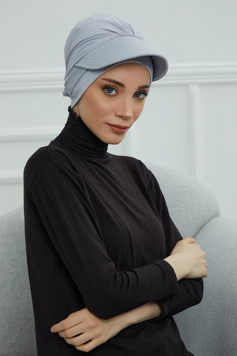 Stylish Visor Cap Instant Turban Hijab for Women, Trendy Visor Cap for Hair Loss Patients, Chemo Visor Cap, Visor Full Head Covering,B-66 Grey 2