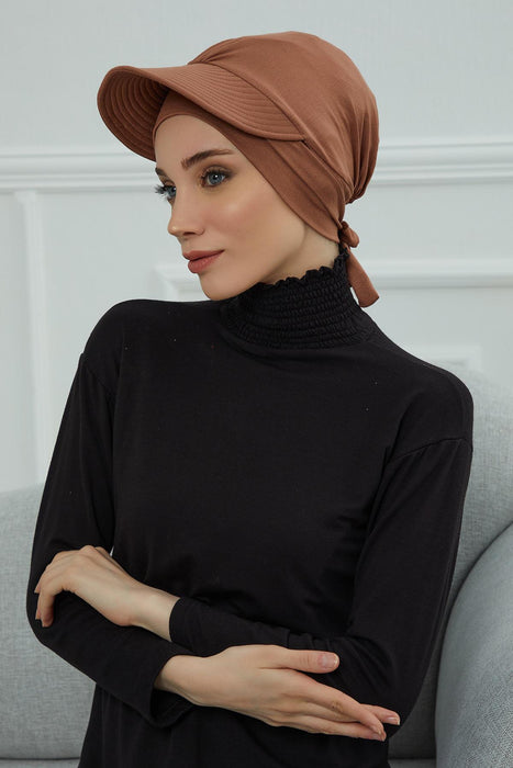 Stylish Visor Cap Instant Turban Hijab for Women, Trendy Visor Cap for Hair Loss Patients, Chemo Visor Cap, Visor Full Head Covering,B-66 Caramel Brown