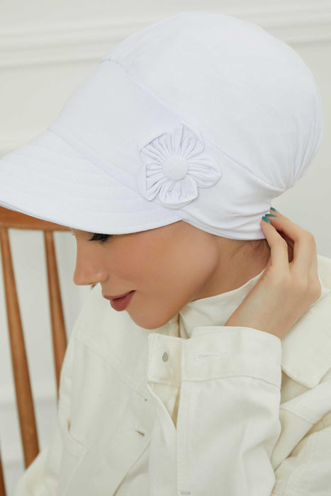 Sun Shield Visor Instant Turban with Flowers Accent, Floral Visor Cap for Women, Sun Protective Women Newsboy Hat, Cotton Chemo Bonnet,B-72 White