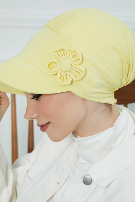 Sun Shield Visor Instant Turban with Flowers Accent, Floral Visor Cap for Women, Sun Protective Women Newsboy Hat, Cotton Chemo Bonnet,B-72 Yellow