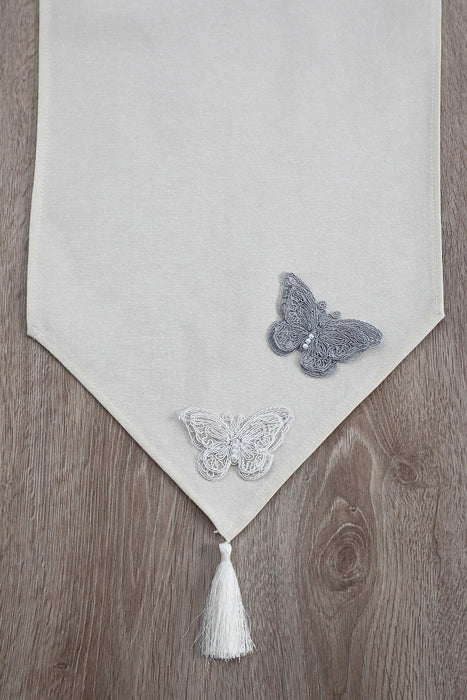 Table Runner with Handmade Butterfly Ornament and Tassel 16 x 48 inches Machine Washable Table Cloth for Home Kitchen Decorations,R-51O Ivory