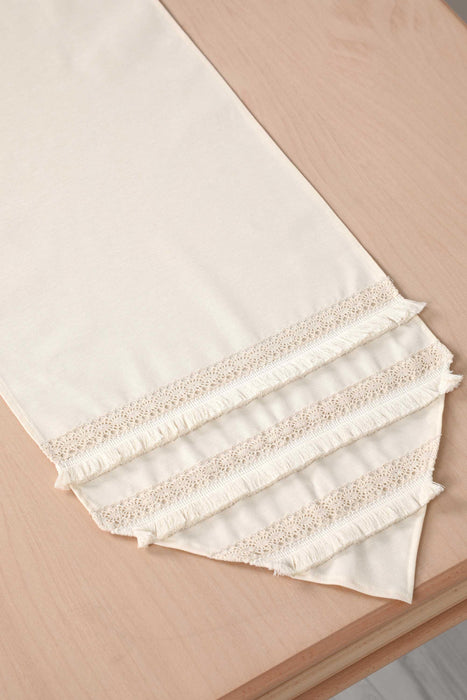 Elegant Cream Table Runner with Vintage Lace Trim and Fringes, 36x12 Inches Classic Ivory Colour Linen Tablecloth Runner,R-45K Ivory