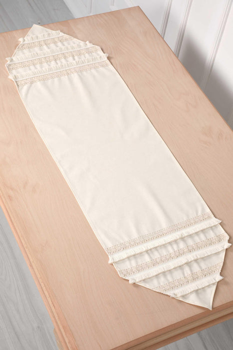 Elegant Cream Table Runner with Vintage Lace Trim and Fringes, 36x12 Inches Classic Ivory Colour Linen Tablecloth Runner,R-45K Ivory