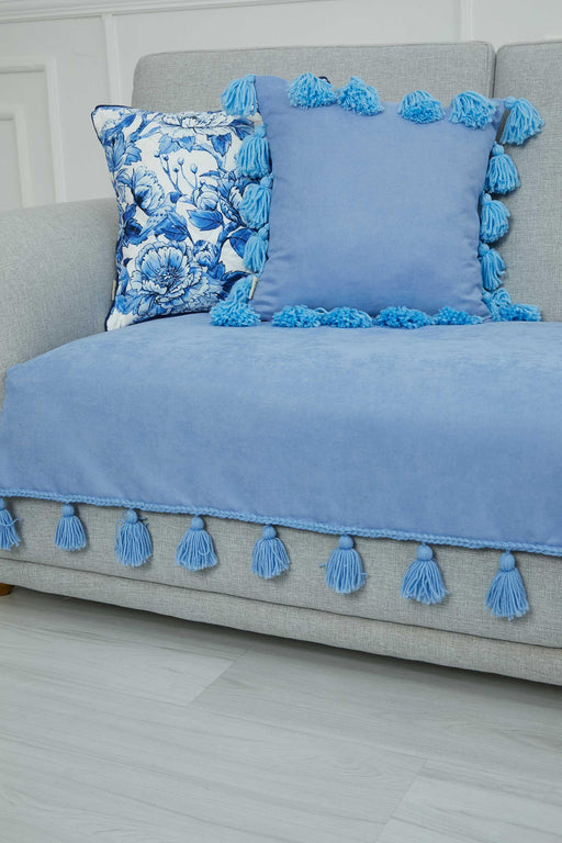 Tasselled Reversible Knitted Polyester Decorative Sofa Shawl and Throw Blanket Furniture Protector Washable Cover for Family,KO-26 Baby Blue