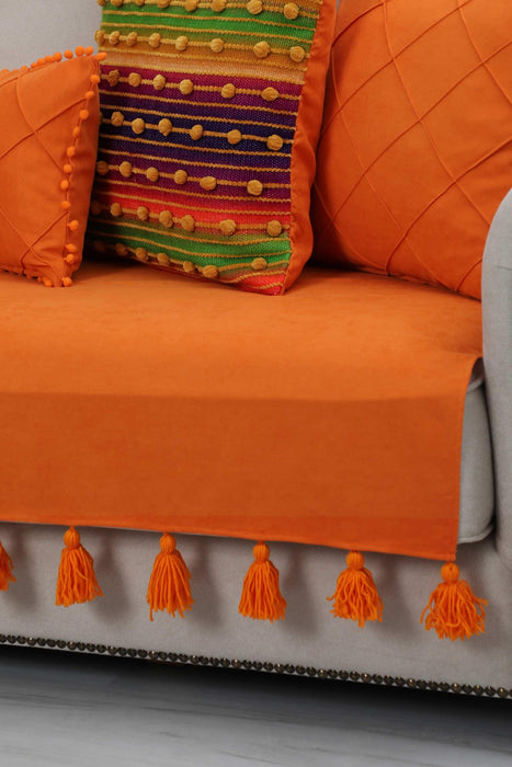 Tasselled Reversible Polyester Sofa Cover 90x210 cm Furniture Protector Washable Couch Trimmed Cover for Kids, Dogs, Pets,KO-19 Orange