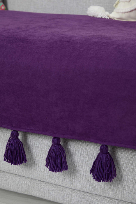 Tasselled Reversible Polyester Sofa Cover 90x210 cm Furniture Protector Washable Couch Trimmed Cover for Kids, Dogs, Pets,KO-19 Purple