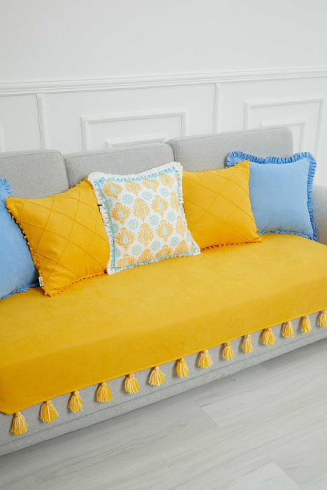Tasselled Reversible Polyester Sofa Cover 90x210 cm Furniture Protector Washable Couch Trimmed Cover for Kids, Dogs, Pets,KO-19 Yellow