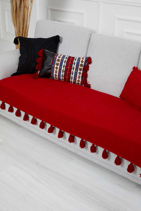Tasselled Reversible Polyester Sofa Cover 90x210 cm Furniture Protector Washable Couch Trimmed Cover for Kids, Dogs, Pets,KO-19 Red