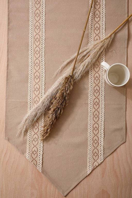 Trimmed Duck Fabric Table Runner with Lace Embroidery 12 x 36 inches (30 x 90 cm) Table Cloth for Home Kitchen Decorations Wedding,,R-42K Beige