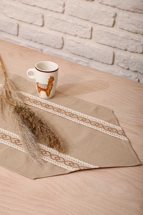 Trimmed Duck Fabric Table Runner with Lace Embroidery 12 x 36 inches (30 x 90 cm) Table Cloth for Home Kitchen Decorations Wedding,,R-42K Beige