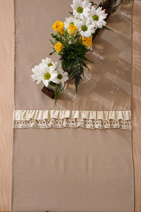 Trimmed Duck Fabric Table Runner with Lace Embroidery 16 x 55 inches Table Cloth for Home Kitchen Decorations Wedding,,R-37B