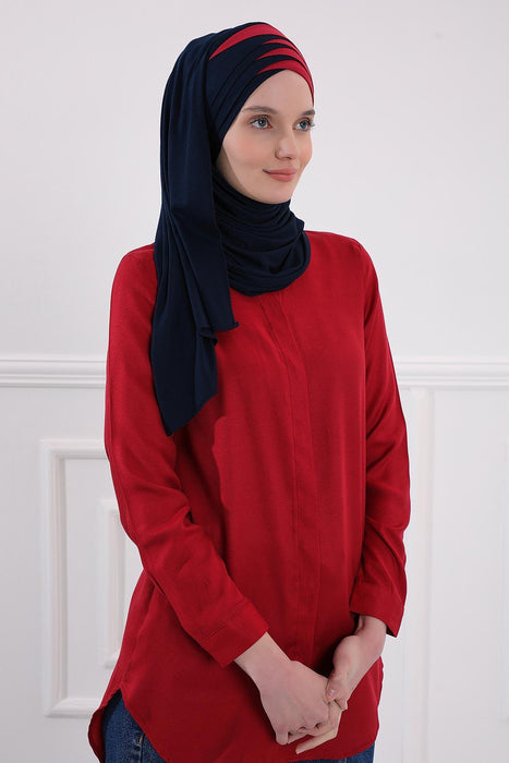 Two Colors Elegant Jersey Shawl for Women %95 Cotton Wrap Modesty Turban Cap Scarf,CPS-49 Navy Blue - Maroon