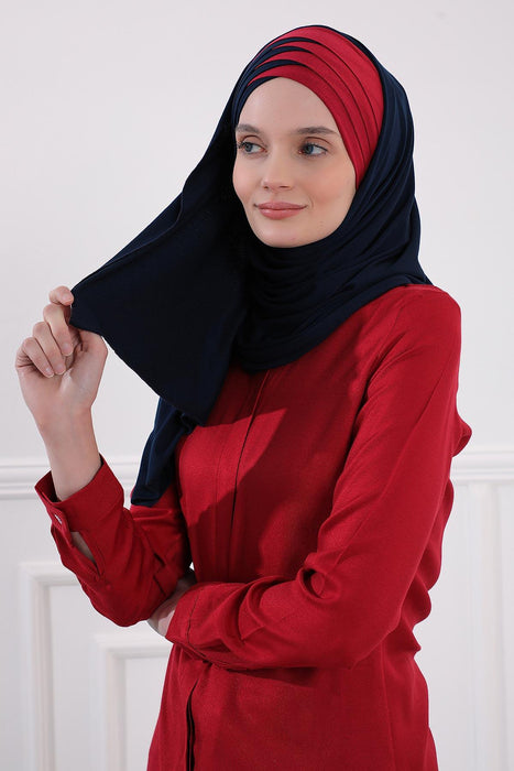 Two Colors Elegant Jersey Shawl for Women %95 Cotton Wrap Modesty Turban Cap Scarf,CPS-49 Navy Blue - Maroon