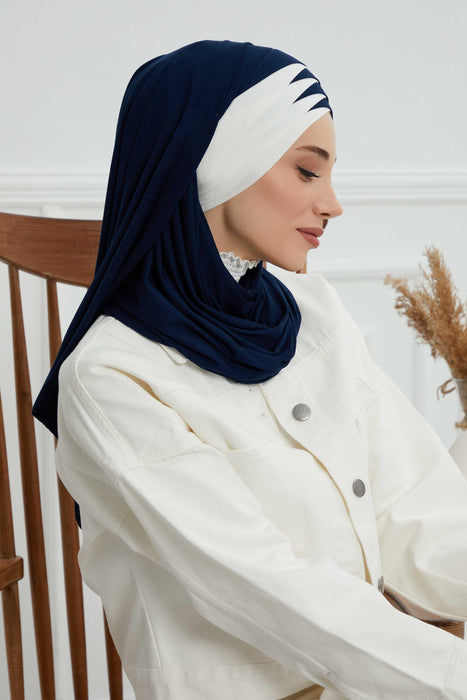 Two Colors Elegant Jersey Shawl for Women %95 Cotton Wrap Modesty Turban Cap Scarf,CPS-49 Navy Blue - Ivory