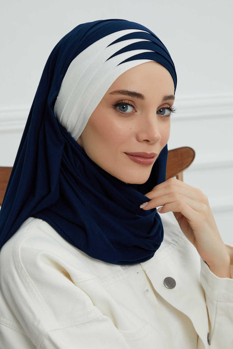 Two Colors Elegant Jersey Shawl for Women %95 Cotton Wrap Modesty Turban Cap Scarf,CPS-49 Navy Blue - Ivory