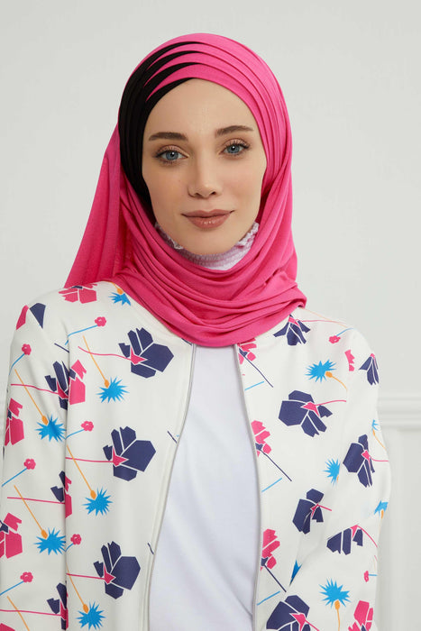 Two Colors Elegant Jersey Shawl for Women %95 Cotton Wrap Modesty Turban Cap Scarf,CPS-49 Fuchsia - Black