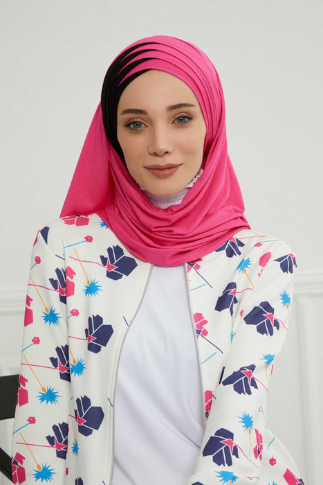 Two Colors Elegant Jersey Shawl for Women %95 Cotton Wrap Modesty Turban Cap Scarf,CPS-49 Fuchsia - Black
