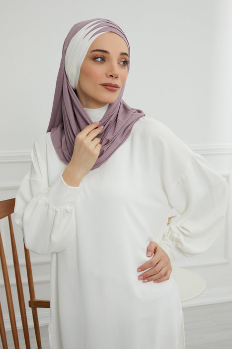 Two Colors Elegant Jersey Shawl for Women %95 Cotton Wrap Modesty Turban Cap Scarf,CPS-49 Lilac-Ivory