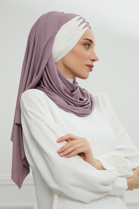 Two Colors Elegant Jersey Shawl for Women %95 Cotton Wrap Modesty Turban Cap Scarf,CPS-49 Lilac-Ivory