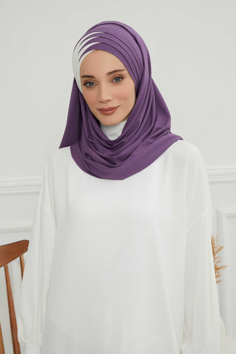Two Colors Elegant Jersey Shawl for Women %95 Cotton Wrap Modesty Turban Cap Scarf,CPS-49 Purple 2 - Ivory