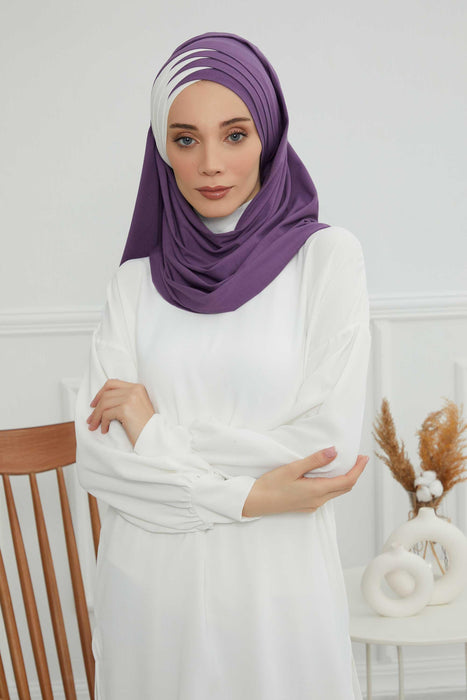 Two Colors Elegant Jersey Shawl for Women %95 Cotton Wrap Modesty Turban Cap Scarf,CPS-49 Purple 2 - Ivory