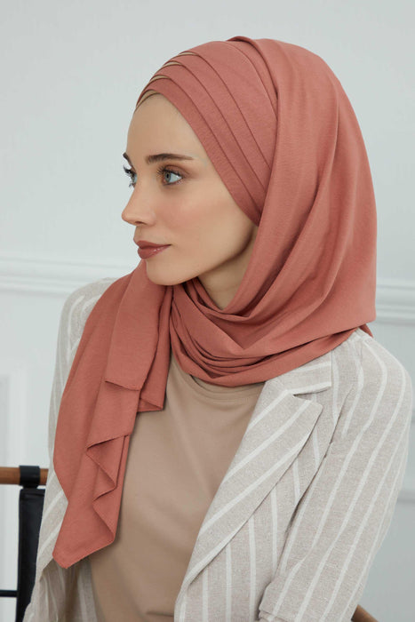 Two Colors Elegant Jersey Shawl for Women %95 Cotton Wrap Modesty Turban Cap Scarf,CPS-49 Salmon-Milk Brown