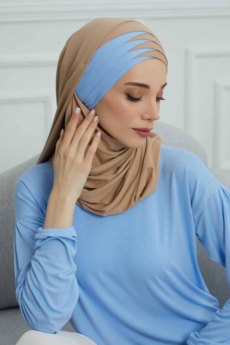 Two Colors Elegant Jersey Shawl for Women %95 Cotton Wrap Modesty Turban Cap Scarf,CPS-49 Sand Brown- Blue