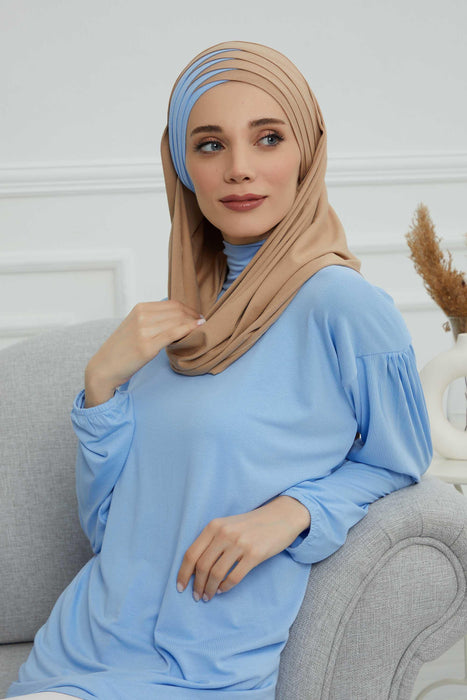 Two Colors Elegant Jersey Shawl for Women %95 Cotton Wrap Modesty Turban Cap Scarf,CPS-49 Sand Brown- Blue