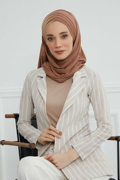 Two Colors Elegant Jersey Shawl for Women %95 Cotton Wrap Modesty Turban Cap Scarf,CPS-49 Caramel Brown-Sand Brown