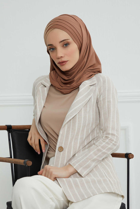 Two Colors Elegant Jersey Shawl for Women %95 Cotton Wrap Modesty Turban Cap Scarf,CPS-49 Caramel Brown-Sand Brown