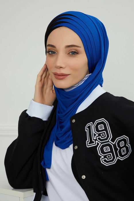 Two Colors Elegant Jersey Shawl for Women %95 Cotton Wrap Modesty Turban Cap Scarf,CPS-49 Sax Blue - Black