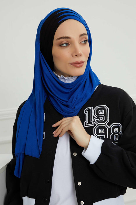 Two Colors Elegant Jersey Shawl for Women %95 Cotton Wrap Modesty Turban Cap Scarf,CPS-49 Sax Blue - Black
