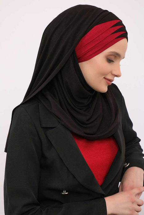 Two Colors Elegant Jersey Shawl for Women %95 Cotton Wrap Modesty Turban Cap Scarf,CPS-49 Black - Maroon