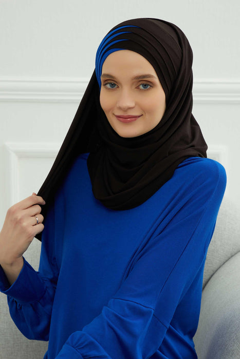 Two Colors Elegant Jersey Shawl for Women %95 Cotton Wrap Modesty Turban Cap Scarf,CPS-49 Black - Sax Blue