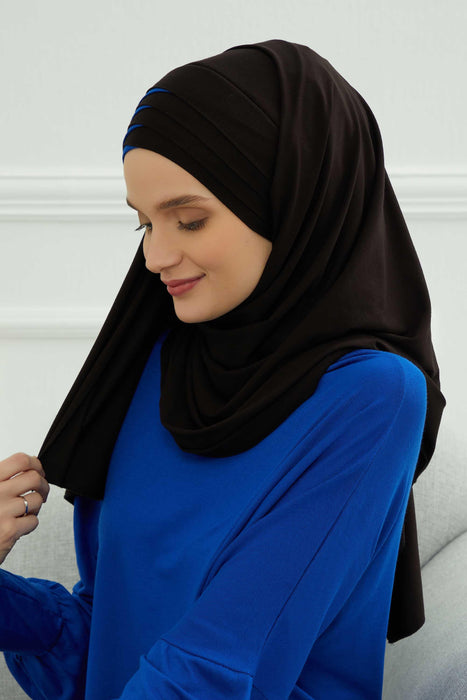 Two Colors Elegant Jersey Shawl for Women %95 Cotton Wrap Modesty Turban Cap Scarf,CPS-49 Black - Sax Blue