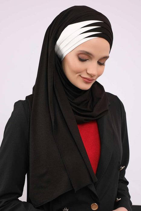 Two Colors Elegant Jersey Shawl for Women %95 Cotton Wrap Modesty Turban Cap Scarf,CPS-49 Black - Ivory