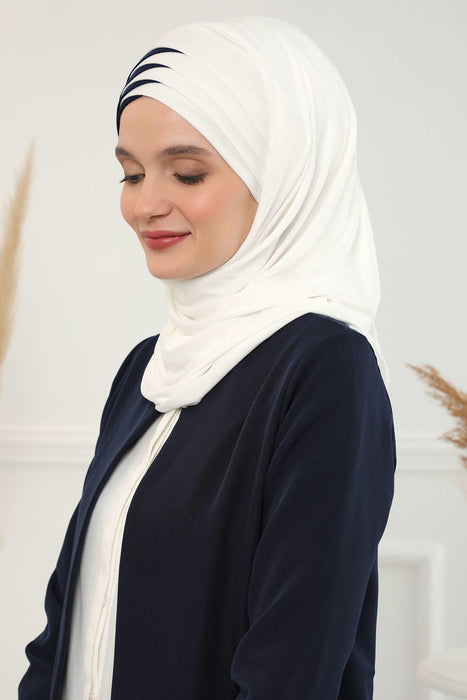Two Colors Elegant Jersey Shawl for Women %95 Cotton Wrap Modesty Turban Cap Scarf,CPS-49 Ivory - Navy Blue