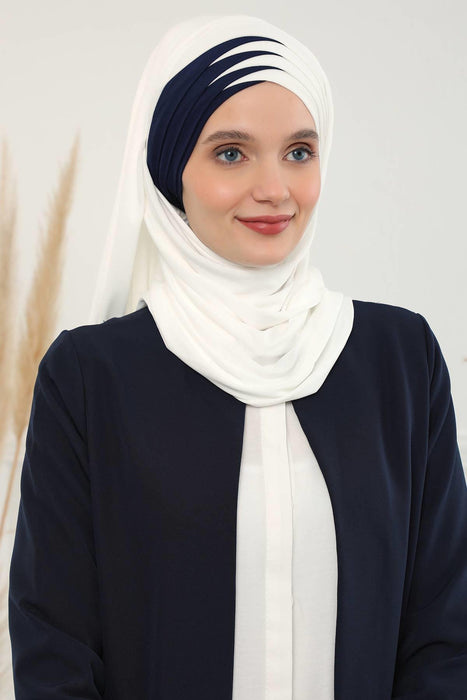 Two Colors Elegant Jersey Shawl for Women %95 Cotton Wrap Modesty Turban Cap Scarf,CPS-49 Ivory - Navy Blue