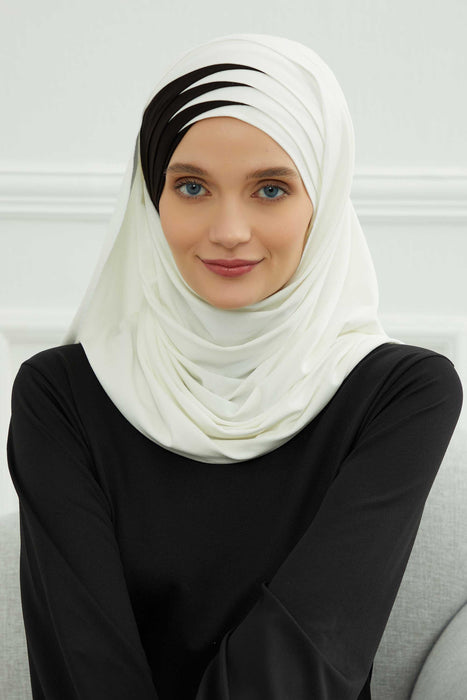 Two Colors Elegant Jersey Shawl for Women %95 Cotton Wrap Modesty Turban Cap Scarf,CPS-49 Ivory - Black