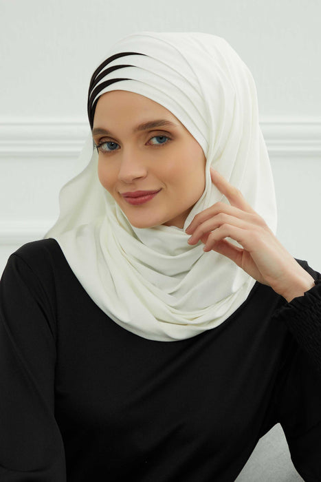 Two Colors Elegant Jersey Shawl for Women %95 Cotton Wrap Modesty Turban Cap Scarf,CPS-49 Ivory - Black