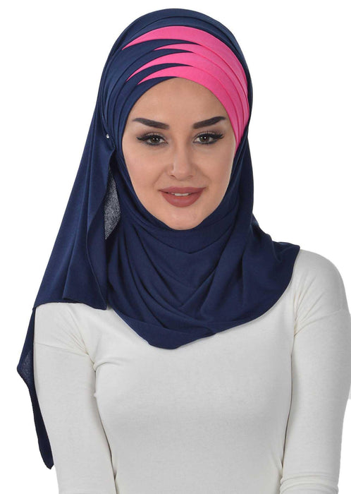 Two Colors Elegant Jersey Shawl for Women %95 Cotton Wrap Modesty Turban Cap Scarf,CPS-49 Navy Blue - Fuchsia